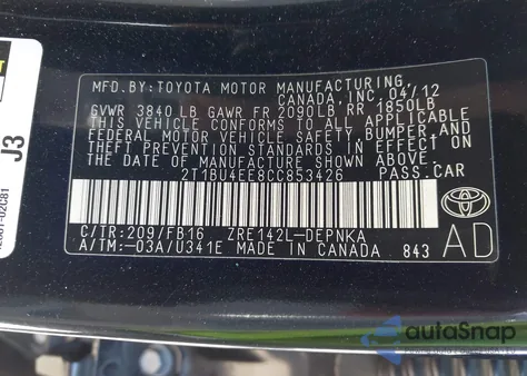 2012 Toyota Corolla Le z USA, uszkodzony, nr VIN 2T1BU4EE8CC853426